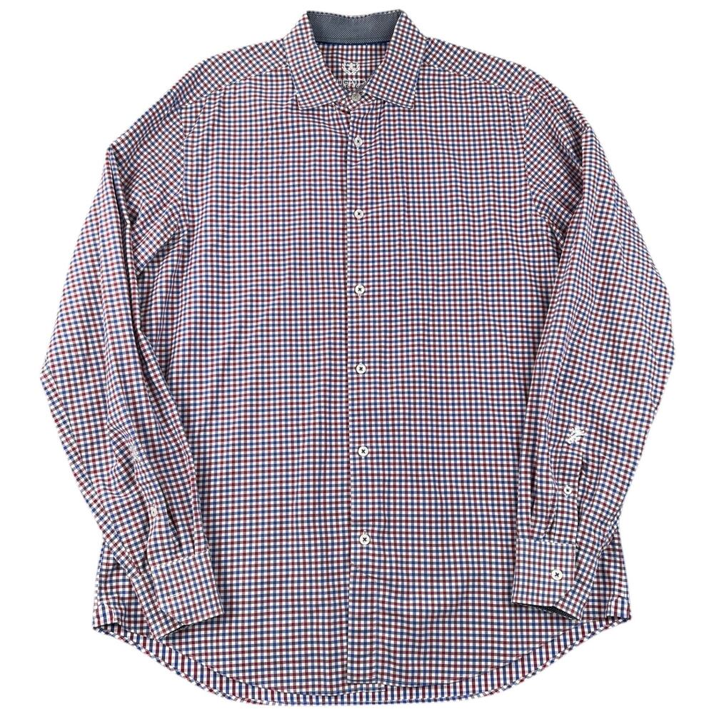 Bugatchi Uomo Check Button Down Shirt Red Blue Cotton - Size 17 / Large